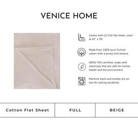 Venice Home 100% Cotton Flat Top Sheet Only - T-Shirt Fabric Jersey Knit - Extra Soft - Wrinkle Free - Machine Washable - Easy Fit - Breathable - Comfy (Beige, Full)