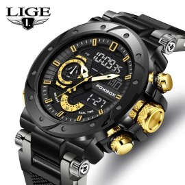 Lige Sport Men Watches Quartz Luminous Date Week Big Dial 5ATM Waterproof Wrist Watch
