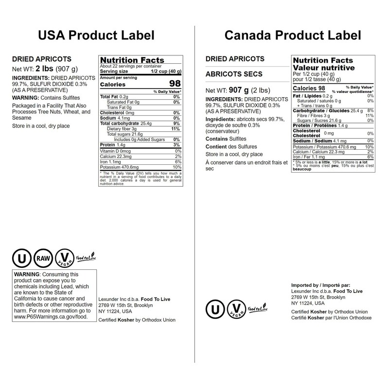 Food to Live - Dried Apricots, 2 Pounds Kosher, Vegan,