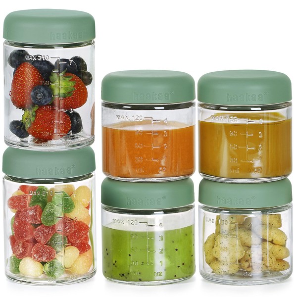 haakaa Baby Food Containers Glass,100% Leak-Proof Baby Jars with Silicone Lid, Premium Borosilicate Glass,Fridge –Freezer & Microwave Safe,4 PCS 4 OZ & 2 PCS 7oz,Pea Green