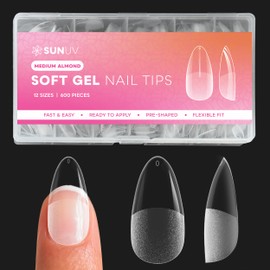 SUNUV Medium Almond Gel Nail Tips, 600 PCS Fake Nails Half Matte Thin Edge 12 Sizes, Full Cover Nail Extension Acrylic Press On Nails for Salon Home DIY