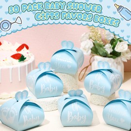 Humyoun 30 Pcs Baby Shower Thank You Gift Box Footprint Small Candy Treat Boxes Heart Favor Bags with White Gold Foil Printed for Guest Baby Shower Gifts Neutral Gender Reveal Favors(Blue)