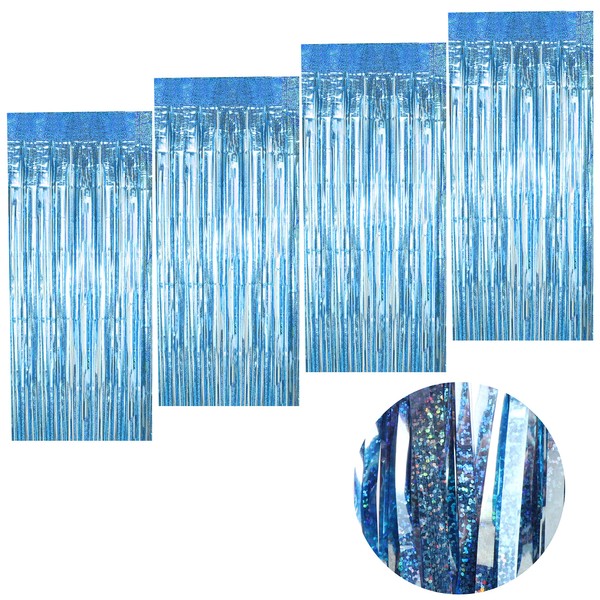 Tinsel Curtains, Light Blue Glitter, Pack of 4 Metallic Glitter Curtain, FringeGlitzer Tinsel Curtain, Foil Fringe Curtain for Christmas Tree, Birthdays, Festivals, Party, Stage Decoration, 1 m x 2 m