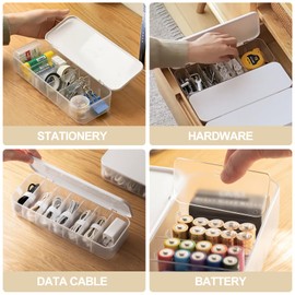 FRETONBA Cable Storage Box, Transparent Cable Organiser Box with 7 Compartments and 7 Cable Ties for Storage on the Desk, Office