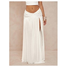 Milumia Women's Low Rise Maxi Skirt Side Slit Beach Ruffle Hem Flowy Boho Long Skirts White X-Small