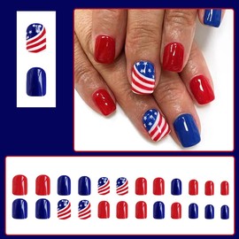 4th of July Press On Nails Short Square Red Blue Fake Nails Press ons Nail Art Tip Glossy Glue on Nails Full Cover False Nails with USA Flags Design Acrylic Nail Kit for Women 24Pcs