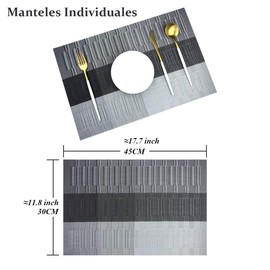 Manteles Individuales para Mesa 6 Piezas, Tapetes para Mesa de Comedor Antideslizante, Resistente al Calor, Individuales para Mesa PVC, Fácil de Limpiar, para el Restaurante,Cocina,Hotel(Gris y Negro)