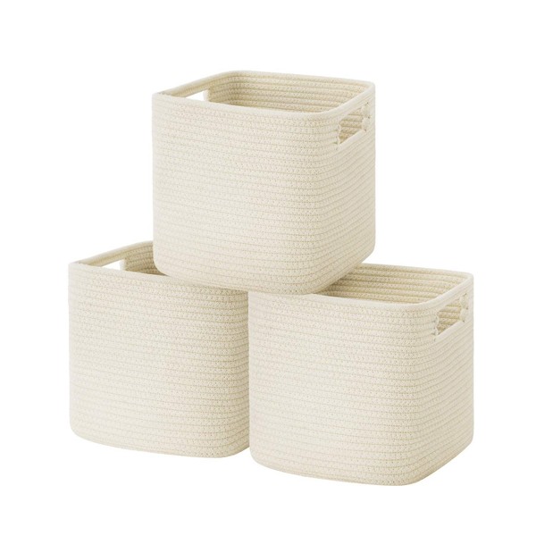 UBBCARE Set of 3 Cotton Rope Basket 11 X 10.5 X 10.5 Inches, Woven Storage Baskets for Shelves, Organizing with Handles, Cube Storage Bins for Storage Books, Magazines, Toys, Beige