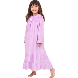 610 YOU Winter Flannel Nightgowns for Kids Girl,Fleece Sleepwear with Long Sleeve,Purple Vintage Velvet Pajamas Dress,6-7