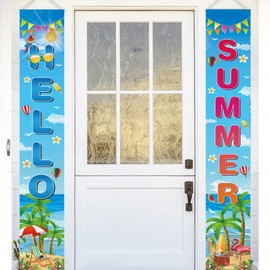 Hello Summer Porch Banner, 2 Pcs Summer Door Sign Set for Beach Pool Hawaiian Luau Party Decorations, 71 x 12 Inch Each