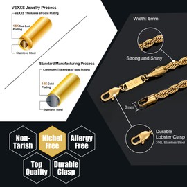 VEXXS Rope Chain, 18K Real Gold Plated Rope Necklace Gold Chain, Durable No Color Fading 3mm 5mm Miami Cuban Link Chain Men’s Necklace