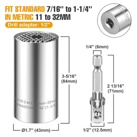 Spurtar Universal Socket Set(11-32mm 7-19mm) for Unscrew Any Bolt Multi-Function Universal Socket Tool with 3/8" 1/2" Power Drill Adapters Christmas Gift for Dad, Husband, Man, Father Stocking Stuffer