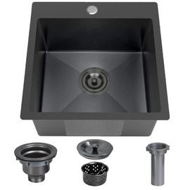 Friho Drop-in Black Bar Sink, 18"x 18" Inch Small Kitchen Sink, Stainless Steel Handmade Single Bowl Topmount RV Kitchen Sinks With Basket Strainer