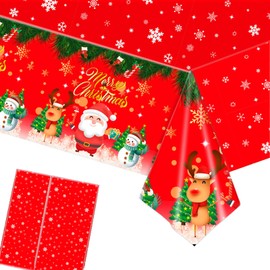 YAAVAAW Christmas Tablecloth for Christmas Party,2pcs 137 * 274cm Large Red Holly Santa Snowman Xmas Table Cover, Plastic Table Cloth for Winter Holiday Christmas Party Supplies Table Decorations