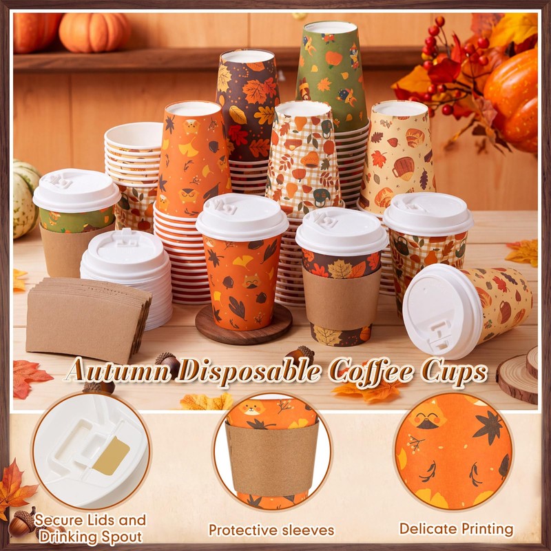 100 Pcs 12oz Fall Thanksgiving Coffee Cup with Lid and