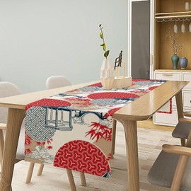 Camino de mesa de hojas de arce japonesas para mesa de comedor, puente chino asiático, oriental, azul, línea roja, caminos de mesa para oficina, boda, fiesta, decoración del hogar, 13 x 60 pulgadas