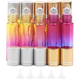 JIUWU 10 Pack 10ml 1/3 Oz Gradient Color Glass Stainless Ball Roller Bottles Beauty Cosmetic Essential Oils Vials Bottles 5 Funnels + 1 Bottle Tool
