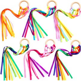 6 Pieces Ribbon Hand Kite Montessori Hand Kite Toy Creative Waldorf Toy Ribbon Streamer with Wood Ring Rainbow Wind Wand Learning Educational Hand Toys for Birthday Party (Bright Colors)