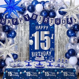15th Birthday Decorations for Boys Girls, Blue Happy 15th Birthday Decorations Boy 15 Birthday Door Banner, 15 Year Old Boy Bday Party Decor with Tablecloth Foil Backdrop Star Balloons for 15th Boys