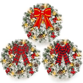 3 Pcs 13 Inch Snow Flocked Prelit Christmas Wreaths with 10 Lights Bows Pine Cones Red Berry Battery Operated Artificial Small Xmas Wreath for Front Door Wall Christmas Decorations Outdoor Indoor Home