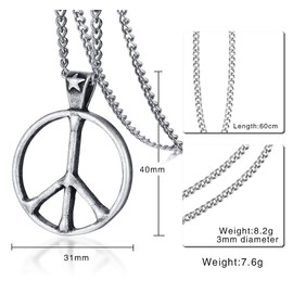 HUANIAN Stainless Steel Classic Peace Sign Love Hippie Pendant Necklace, 24 inch Chain