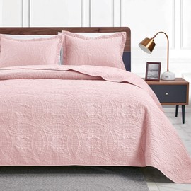Love's cabin California King Size Quilt Bedding Set Pink Bedspreads - Cal King Summer Lightweight Bedspread Comforter - Coin Pattern Coverlet for All Season - 3 Pieces (1 Quilt, 2 Pillow Shams)