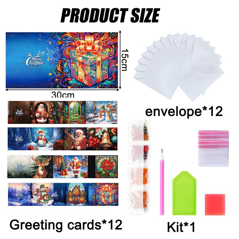 12 Pack 5D DIY Diamond Painting Christmas Cards, Christmas Manual