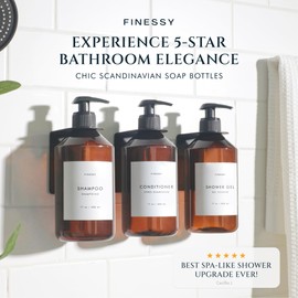 FINESSY Refillable Shampoo and Conditioner Dispenser Wall Bottles with Pump, Bathroom Body Wash Soap and Shampoo Dispenser for Shower Wall 3 Chamber No Drill, Shower Bottles Refillable with Labels