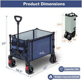 COMLAX FIELD Collapsible Wagon Cart Foldable with Big Wheels Brakes, 250lbs Folding Utility Lightweight Garden Wagon, Portable Grocery Cart for Camping Shopping Sports Pets, Blue