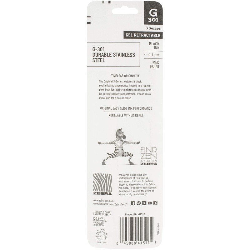 Zebra Pen G-301 Retractable Gel Ink Pen, Stainless Steel Barrel,