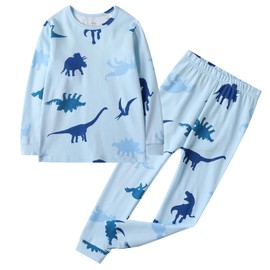 Owlivia 100% Organic Cotton Baby Long Sleeve Pajama Sets, Toddler Boy Girl 2-Piece Sleepwear(7-8 Years, Blue Dinosaur)