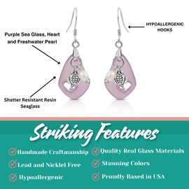 BESHEEK Seaglass with Freshwater Pearls, Moonstone, and Hematite Dangle Earrings for Women Handmade Hypoallergenic Boho Beach Gala Wedding Style Fashion Drop Earrings (Purple Sea Glass, Heart and Freshwater Pearl)