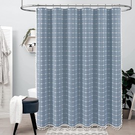 BTTN Extra Long Shower Curtain - 72x84 Inch Long Boho Chic Tassel Linen Fabric Shower Curtain Set with Hooks, Tall Modern Farmhouse Elegant Heavy Duty Thick Cloth Shower Curtains for Bathroom - Blue