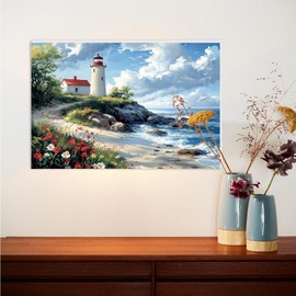 Lxmsja Sea Lighthouse Paint by Numbers Kit for Adults, Acrylic Beach Rocks Paint by Numbers for Adults Beginner, DIY Craft Supplies Oil Painting Kits for Home Wall Decor 16x12 inch (Framed)