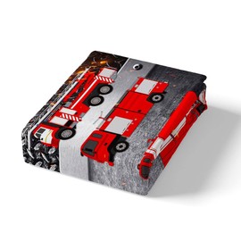 Manfei Firefighting Truck Sheet Set Queen Size Red Fire Truck Bed Sheet Set 4pcs with Deep Pocket Fitted Sheet + Flat Sheet + 2 Pillowcases, Emergency Rescue Vehicle Bedding Set for Kids Boys Teens