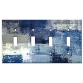 Art Plates - Decorative Light Switch Plate Cover - Decorative Metal Wall Plate - 4 Gang Toggle - Blue and Grey Abstract Art (Made in the USA)