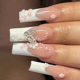 Foccna Long White Press on Nails French Fake Nails Full Cover Flower Design Coffin 3D Butterfly Acrylic False Nails for Women and Girls,24PCS