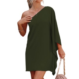 Women's Elegant One Shoulder Sexy Dresses Batwing Sleeve Solid Party Night Mini Dress Army Green