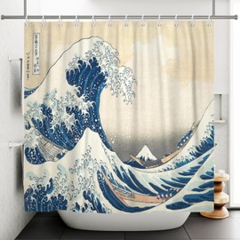SDOTPMT 69x75inch Japanese Ocean Waves Shower Curtain Abstract Sea Wave Wooden Boat Bath Curtain Ukiyo-e Theme Fuji Mountain Bathtub Curtain for Bathroom Decor Fabric Polyester with Hooks