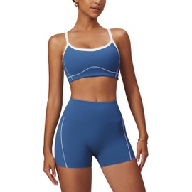 OMEWEE Yoga sets for women 2 piece Fashion contrasting lines Sports Bra and Tummy Control Butt-lifting Shorts Dark blue XL
