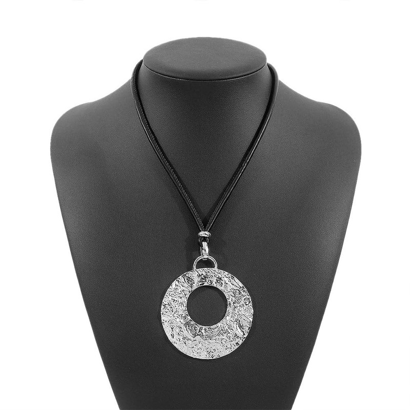 Douxsu Black Leather Rope Silver Circle Necklace for Women (Silver)