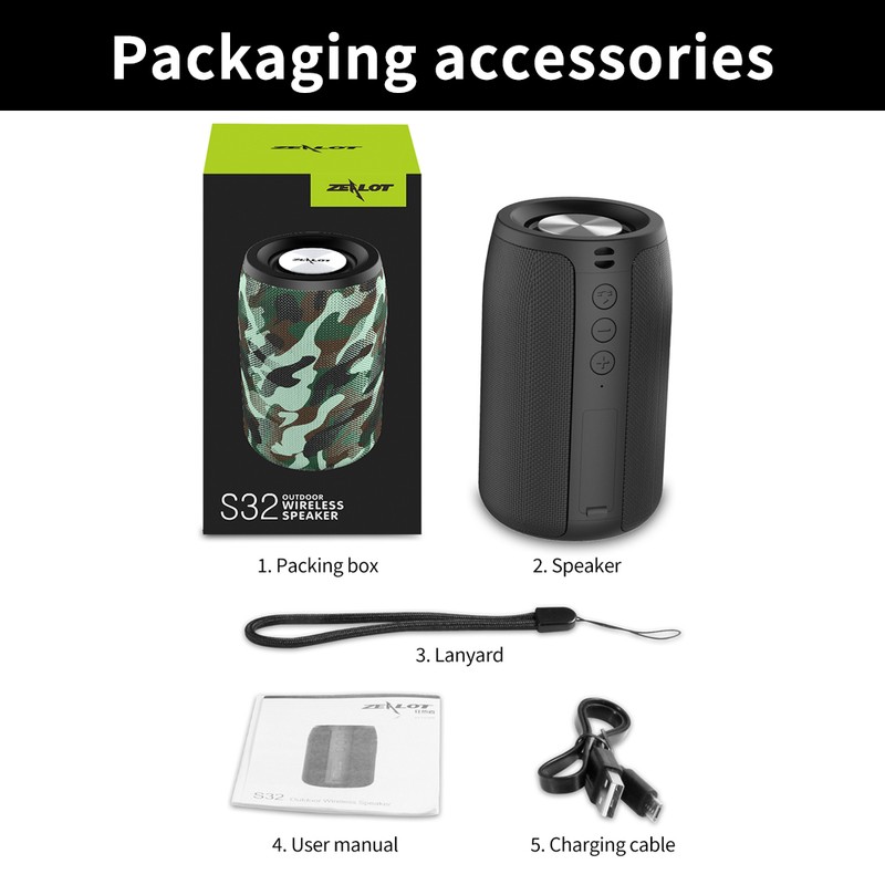 ZEALOT S32 Marine Camouflage TWS Bluetooth Portable Speaker Outdoor Waterproof