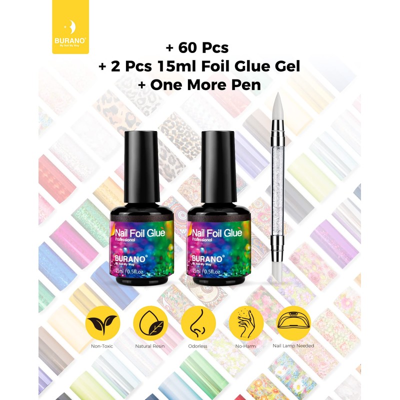 BURANO Nail Art Foil Glue Gel, 15ML 2 Bottles with