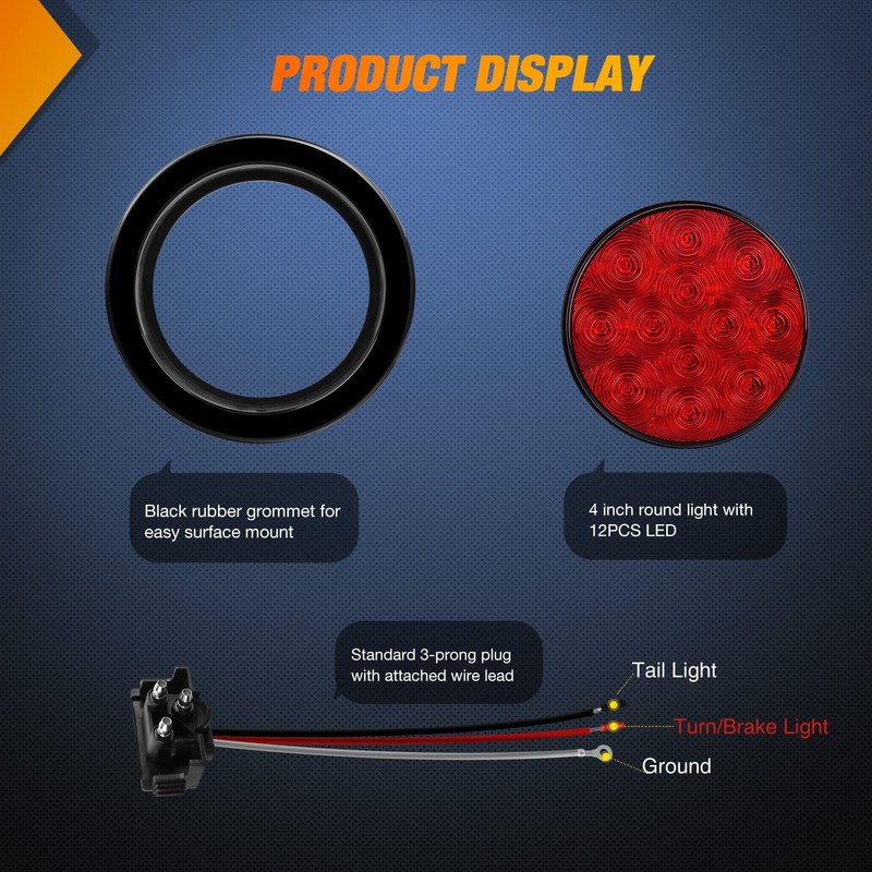 Nilight 4PCS 4” 12LED Red Round Stop Brake Turn Tail