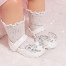 Sawimlgy Baby Girls Butterfly Mary Jane Flats PU Leather Bowknot Shiny Wedding Party Princess Ballet Shoe Infant Rubber Sole Prewalker Toddler First Crib Shoes