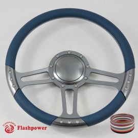 FLASHPOWER 14" Gun Metal Billet Blue Steering Wheel Caprice GM Chevy Blazer W/Horn