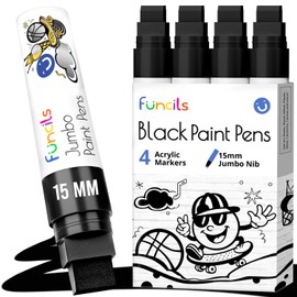 Funcils 4 Jumbo Black Poster Markers - 15mm Fat Acrylic Paint Markers for Wood, Rock Painting, Plastic, Glass, Metal, Walls, Fabric - Large Thick Permanent Paint Pens for Signs, Board, Teachers