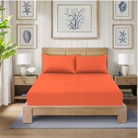 CHARKHAH Polycotton Fitted Sheet for Single Double King Super King Bed 200 Thread Count Anti Wrinkle Plain Bedding 25 cm Extra Deep Fitted Sheets Cover with Elastic Edges (Orange, Double)