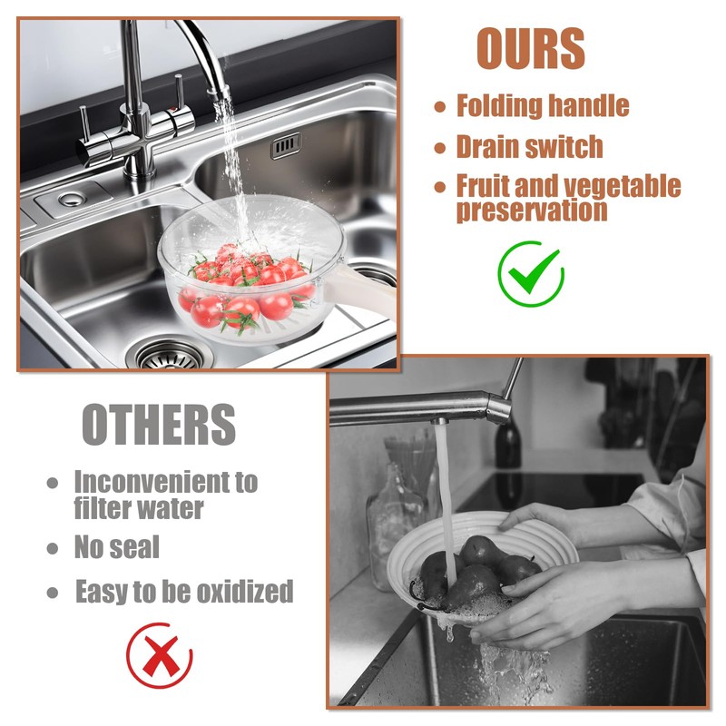 Draining Basket, Plastic Fruit Drainer Container with Foldable Handle 2