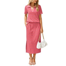 Glamaker Two Piece Sets for Women Summer Short Sleeve 2 Piece Skirt Sets Striped Matching Lounge Sets (Red Pink S)